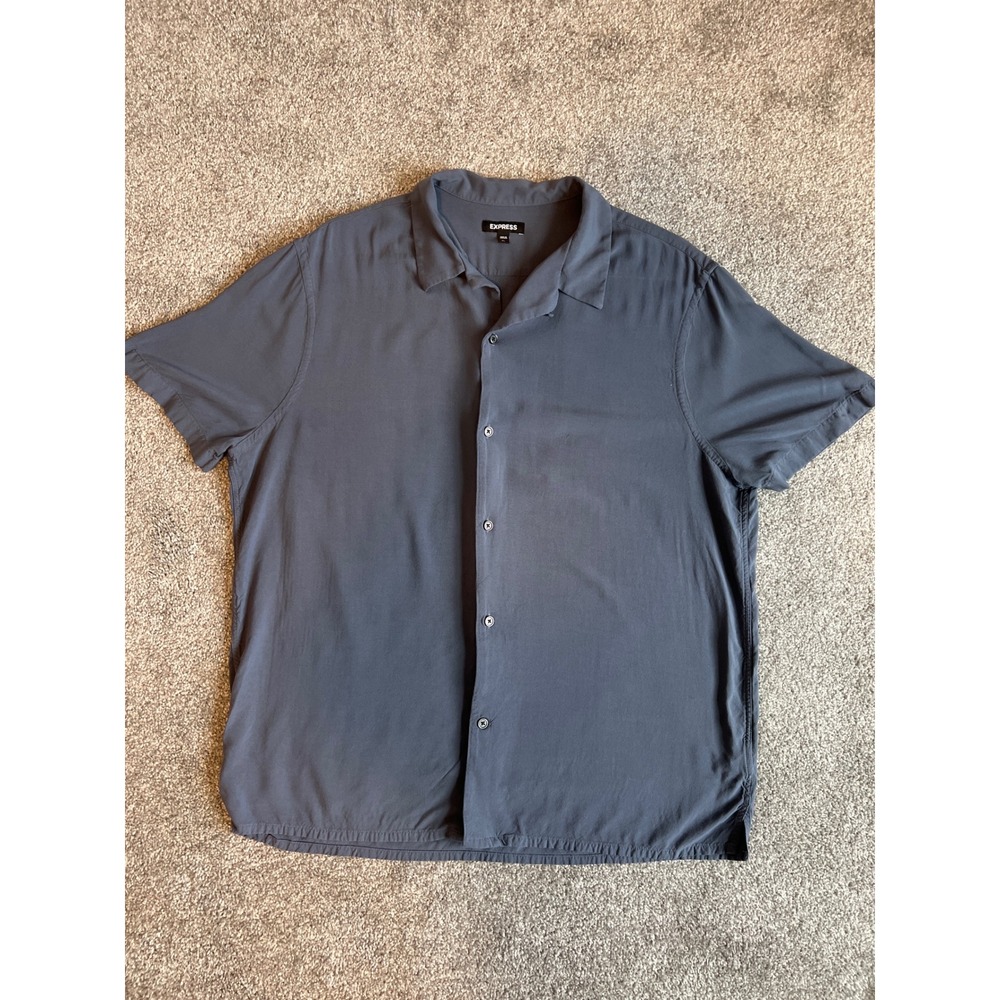 Express Mens XL Gray Blue Rayon Short Sleeve Camp Collar Button Down Shirt